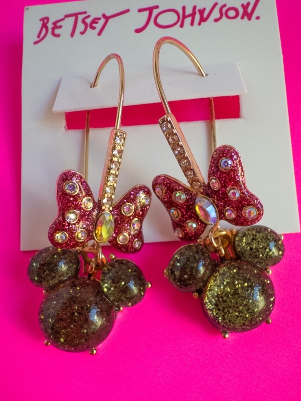 Betsey Johnson Disney Collab Minnie Mouse Ears Pink Bow Crystal Earrings RARE